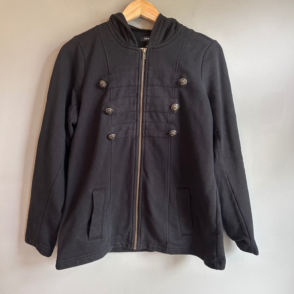 Torrid Womens Black Military Crest Button Zip Up Hoodie Jacket Size 00 M/L